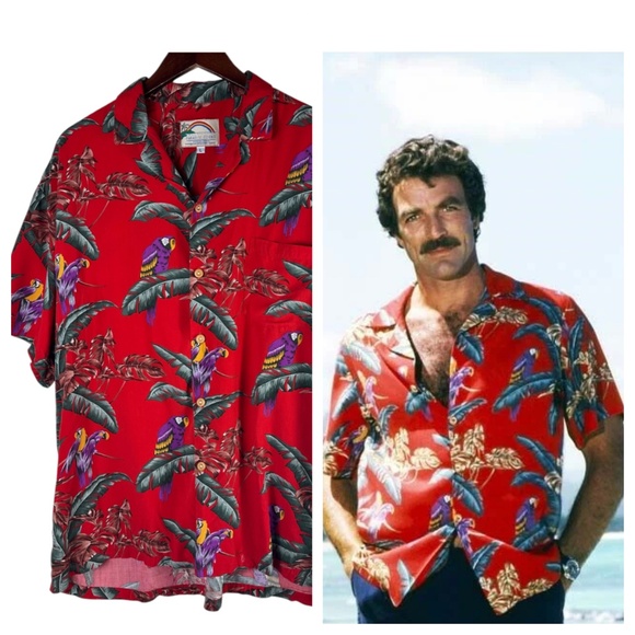Paradise Found Other - Vtg Paradise Found Magnum PI Hawaiian Shirt Sz Large Red Parrots Birds Tropical
